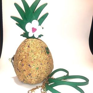 Betsey Johnson Pineapple Cork Clutch Purse with green removable crossbody strap